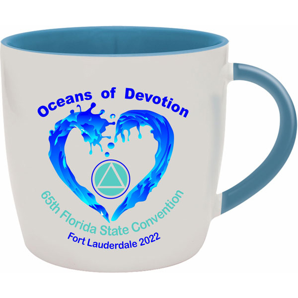 Ceramic mug, ocean blue interior and handle, with logo